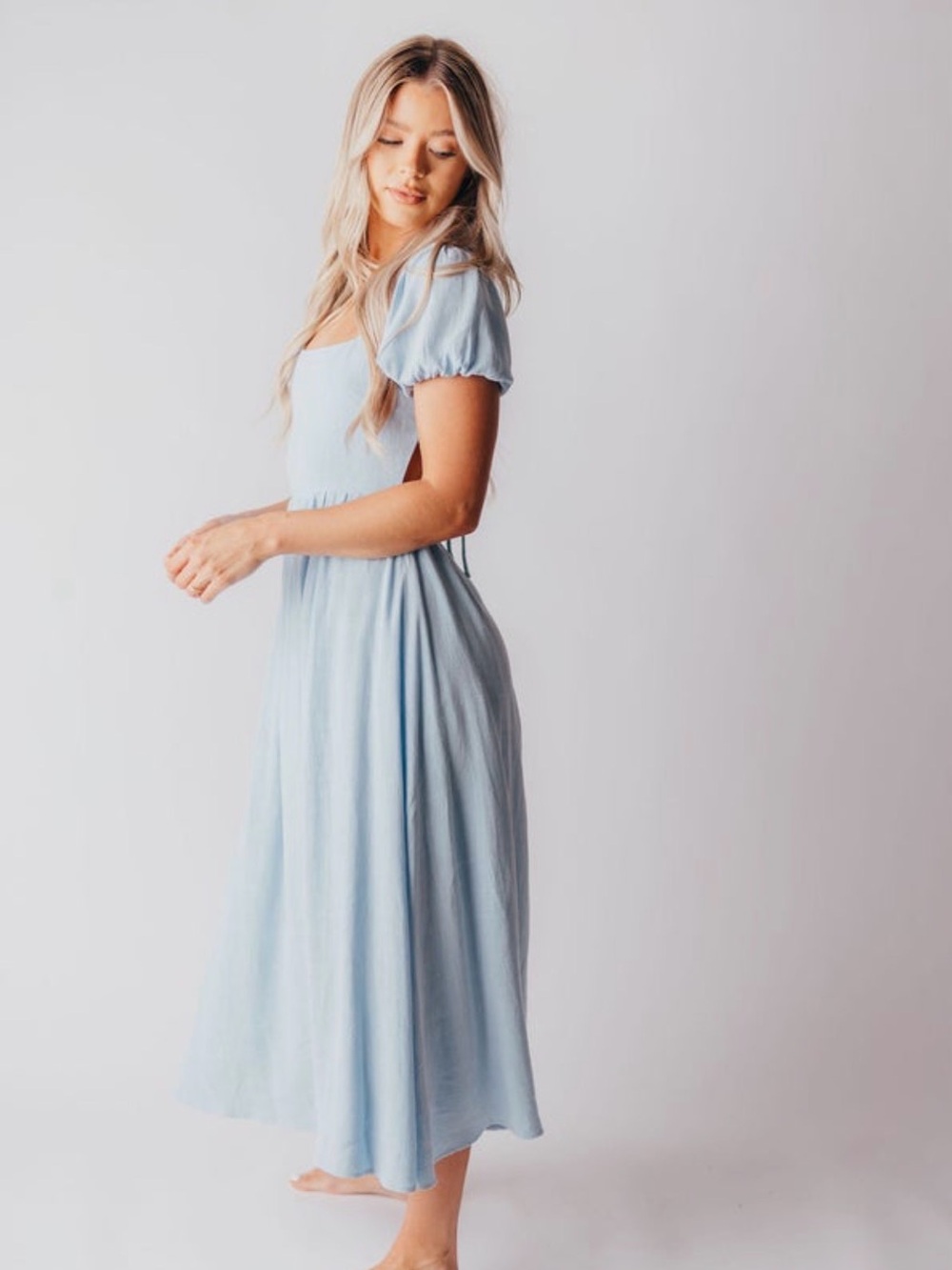 Worth Collective August Open-Back Puff Sleeve Midi Dress in Light Blue